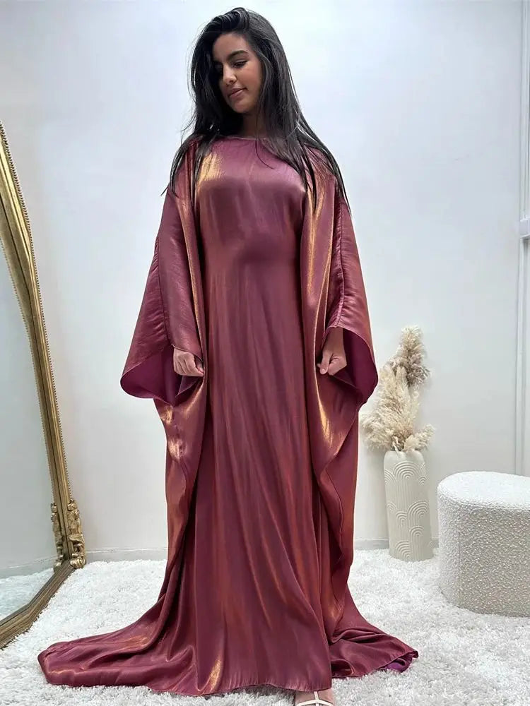 Ramadan Summer Batwing Sleeve Satin Butterfly Abaya Islam Muslim Maxi