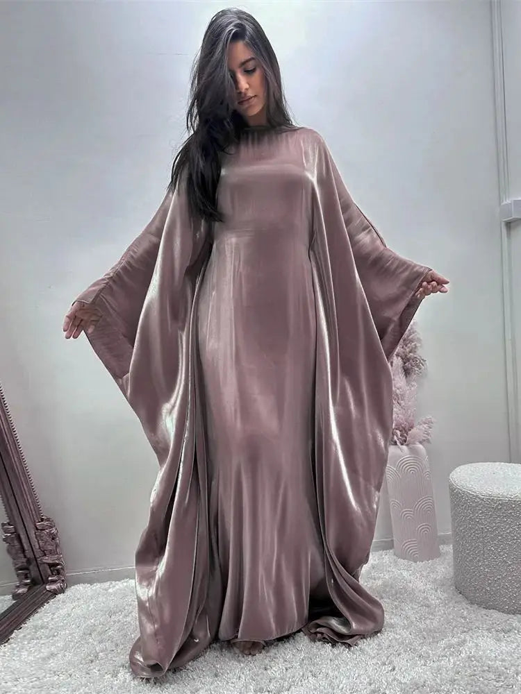 Ramadan Summer Batwing Sleeve Satin Butterfly Abaya Islam Muslim Maxi
