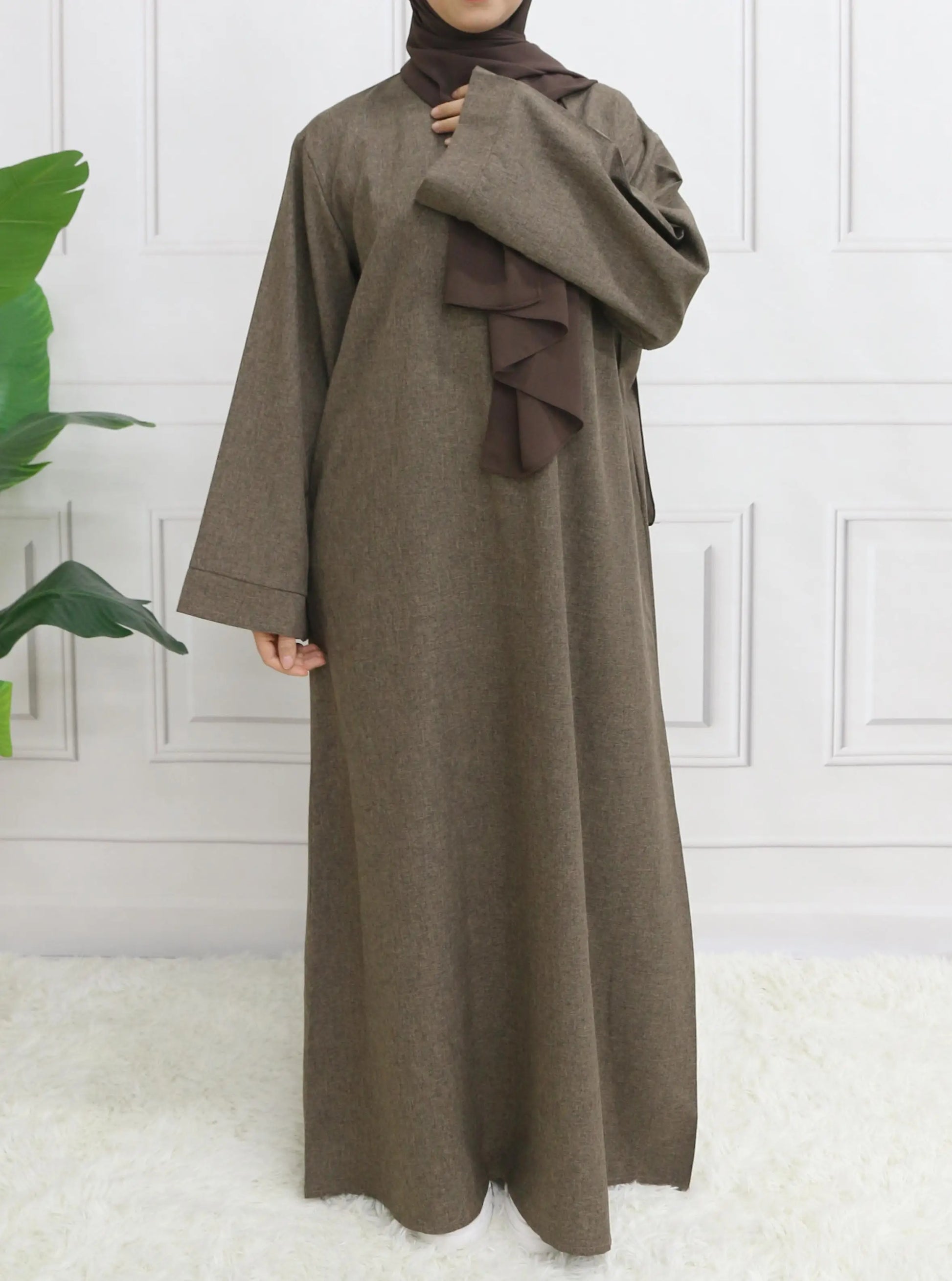 Modest Closed Plain Long Sleeve Abaya Without Hijab With Belt  Basic