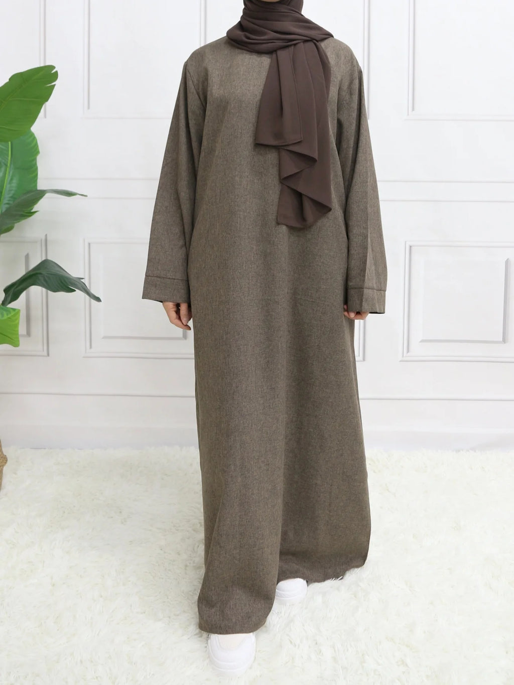 Modest Closed Plain Long Sleeve Abaya Without Hijab With Belt  Basic
