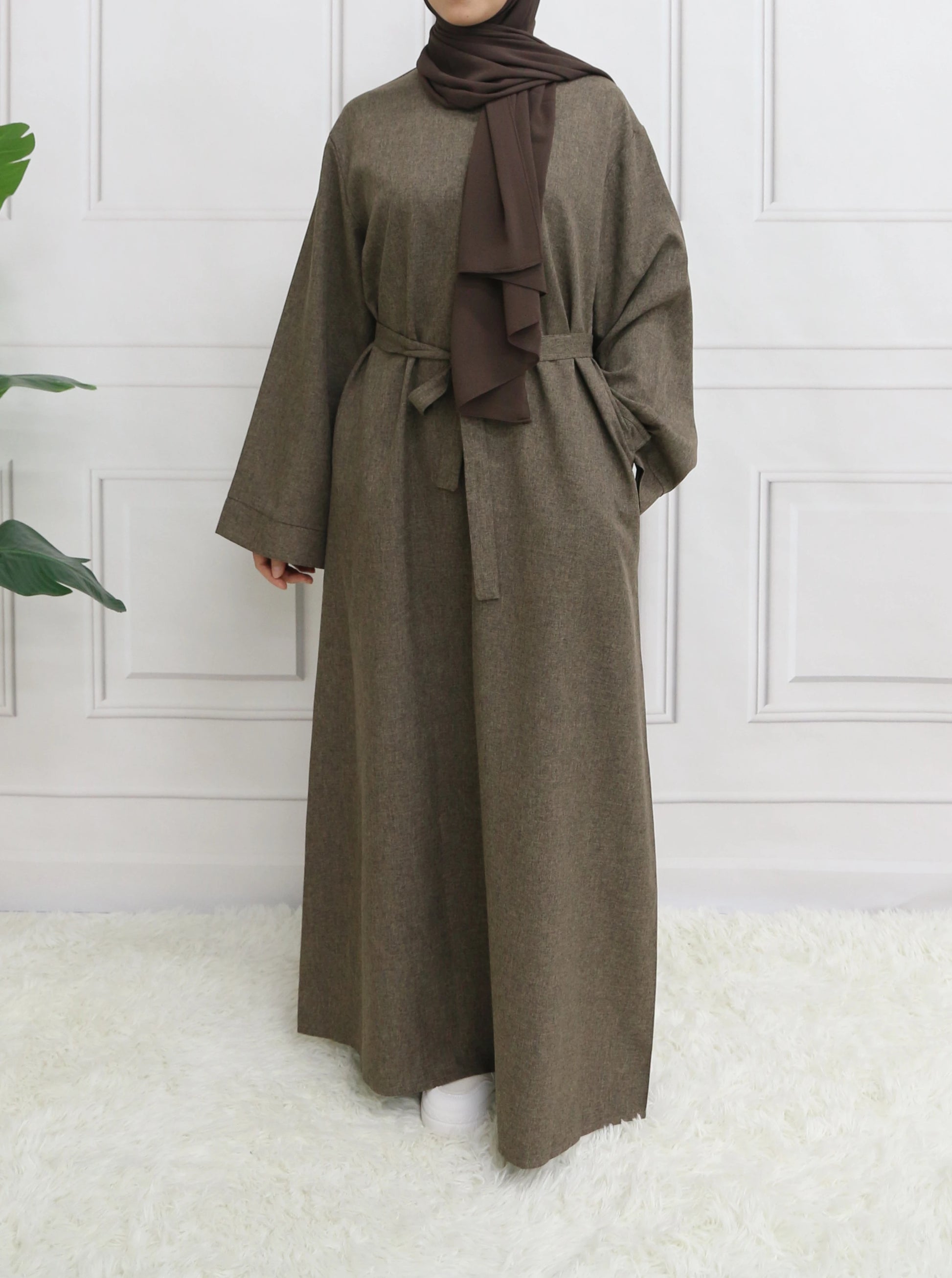 Modest Closed Plain Long Sleeve Abaya Without Hijab With Belt  Basic