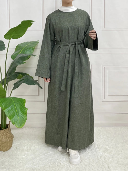 Modest Closed Plain Long Sleeve Abaya Without Hijab With Belt  Basic