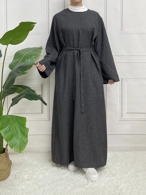 Modest Closed Plain Long Sleeve Abaya Without Hijab With Belt  Basic